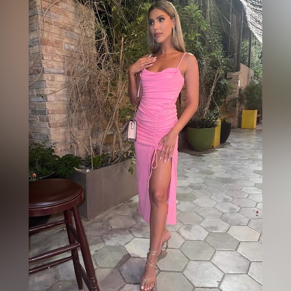 Light Pink Ruched Corset Midi Wedding Party Dress - Picture 2 of 11